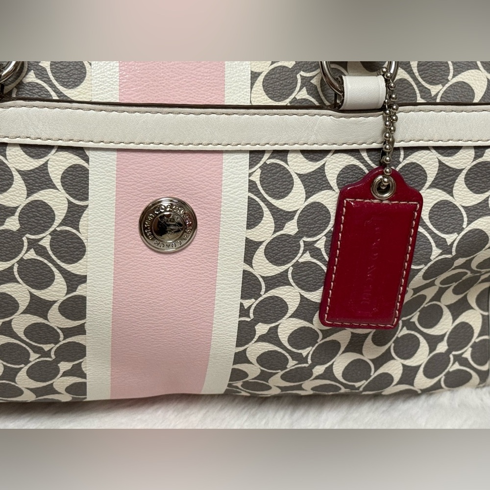 Coach Chelsea Heritage Satchel Gray & Pink Signature Stripe Tote with White Trim - Picture 8 of 13